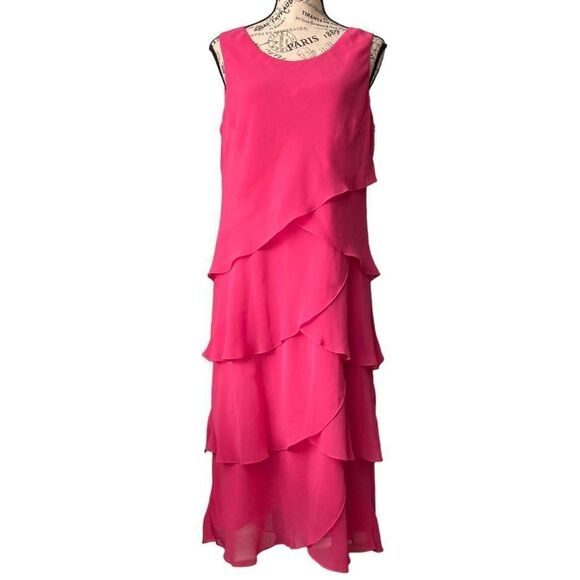 Vintage Ursula of Switzerland Chiffon Tulip Tiered Hem Sheath Dress in Pink 12 - Picture 1 of 9